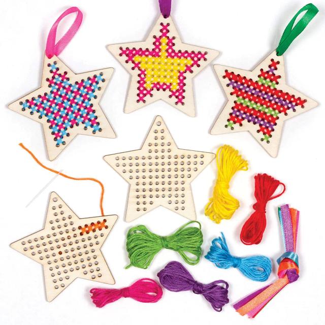 Conjunto Artesanal de Marcadores de Bordado em Madeira com Cruz e Estrela Pendurada para Artesanato de Natal e Pintura Infantil DIY