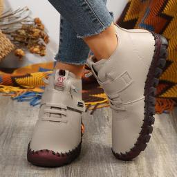 Botas de couro PU para mulheres, antiderrapante, laço de gancho, salto plano, botas de plataforma, curto, quente, outono, inverno, 2024 - Image 4