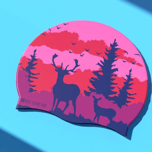 Toucas de Natação em Silicone com Estampa de Alces para Mulheres, Tamanho Grande e Proteção para Cabelos Longos e Ouvidos
