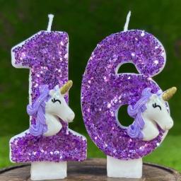 Vela de aniversário do unicórnio para crianças, número velas, espumante roxo, bolo Toppers, decoração do partido - Image 2