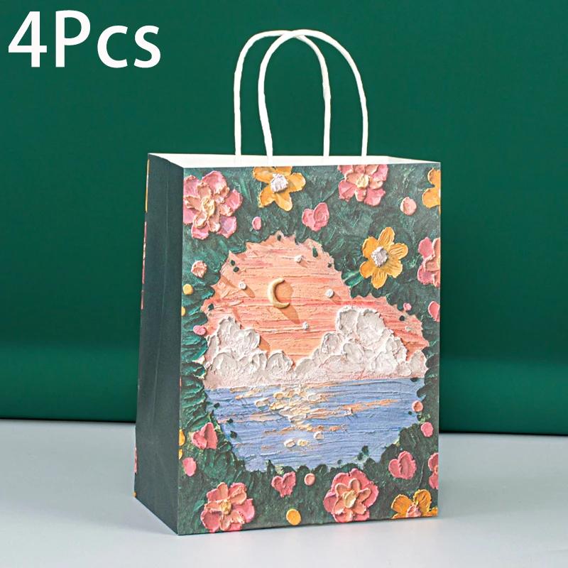 Saco De Embalagem De Presente De Papel Kraft portátil com Alça, Linda Pintura A Óleo Sacola, Dia Dos Namorados, Caixa De Presente De Festa De Casamento, 4Pcs - Image 1