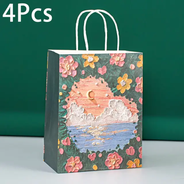 Sacos de Embalagem de Presente em Papel Kraft com Alça e Pintura a Óleo, 4 Peças para Dia dos Namorados e Festas de Casamento