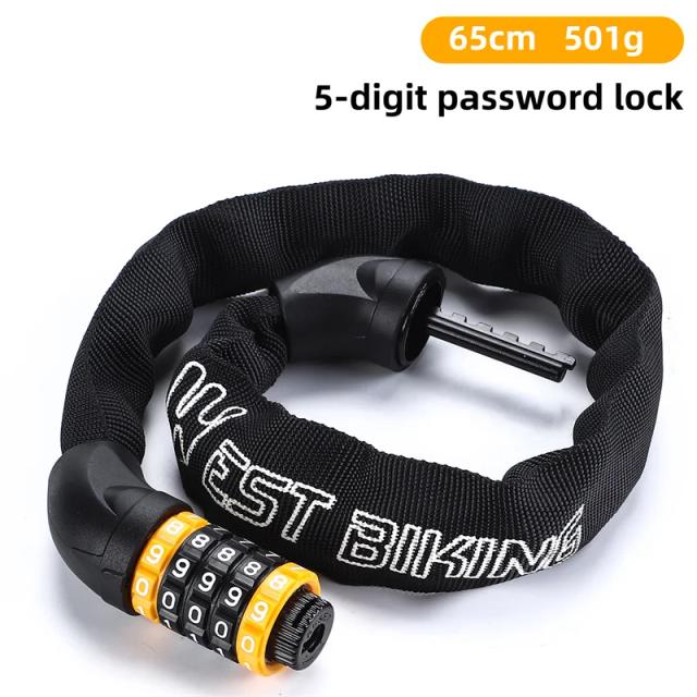 Cadeado de Bicicleta Anti-Roubo WEST BIKING com Ajuste de Comprimento e Código de 5 Dígitos 65-150cm para Bicicletas e Motocicletas