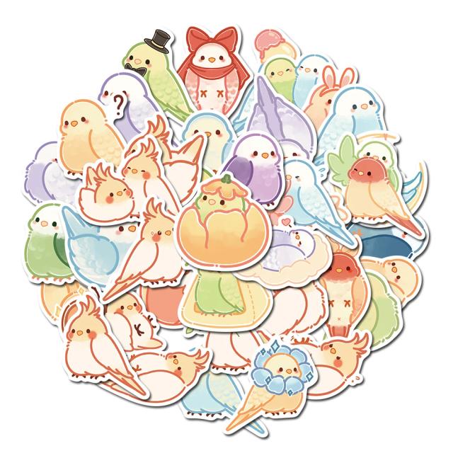 Adesivos Kawaii de Desenhos Animados de Papagaio e Pássaros para Skate, Motocicleta, Guitarra, Bagagem e Laptop - Pacote com 40 ou 50 Peças