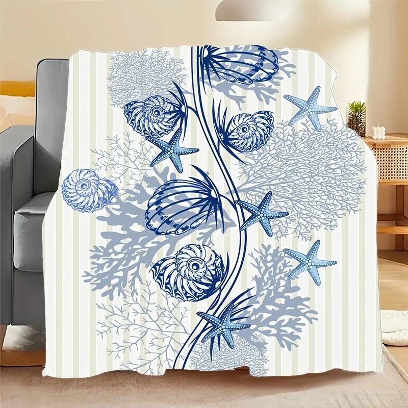 1 cobertor aconchegante estampado com padrão de estrela do mar e concha, macio e quente, adequado para cochecitos, viagens e ótimo presente para amigos, família - Image 1