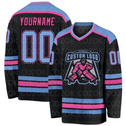 Jersey de hóquei no gelo personalizado para homens e mulheres, camisas de treinamento de competição, 3D imprime seu nome e número, preto e rosa - Image 2