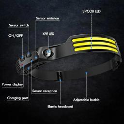 COB LED Lâmpada Cabeça de Indução, Bateria Embutida, USB Recarregável, Lanterna, Ao Ar Livre, Acampamento, Pesca, Farol Sensor - Image 6