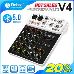 Debra-Mixer de Áudio com Bluetooth e USB, 4 Canais, 48V Phantom Power, Delay Repairing Effect, Som Mixing Console, PC Gravação, V4 - Image 1