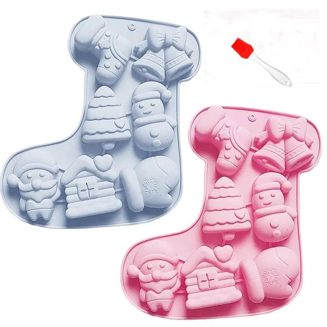 Moldes de Silicone de Natal para Bolos e Doces - 2 Peças com Design de Boneco de Neve e Árvore de Natal, Inclui Pincel para Decoração