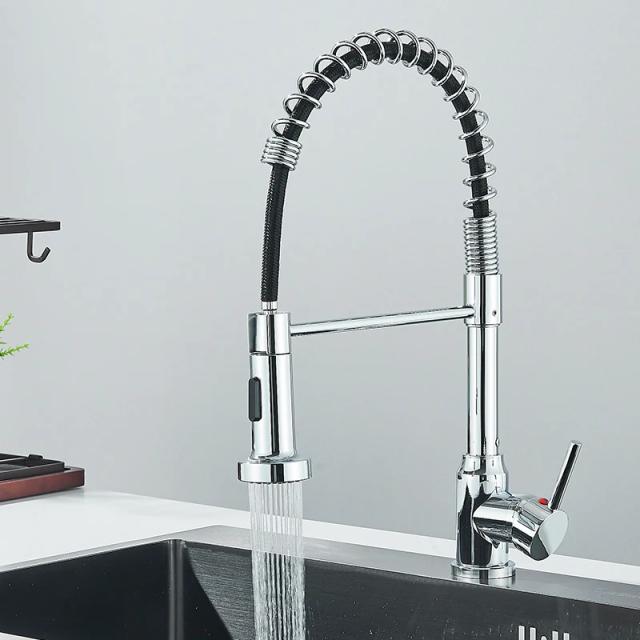 Torneira de Cozinha Pull Down com Cabeça de Spray, Misturador de Água Quente e Fria em Aço Inoxidável, Alta Rotação e Design Moderno