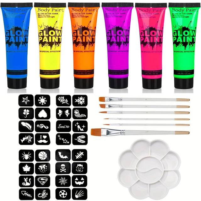 Tinta Fluorescente de Néon para Rosto e Corpo - Maquiagem Brilhante para Halloween e Festivais, Ideal para Cosplay e Arte Corporal Infantil