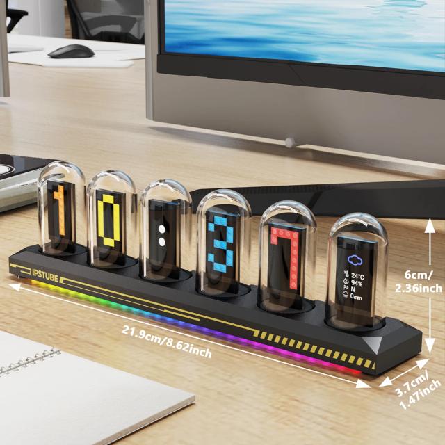 Relógio de Tubo Nixie RGB IPS Alumínio Elétrico com Fio USB