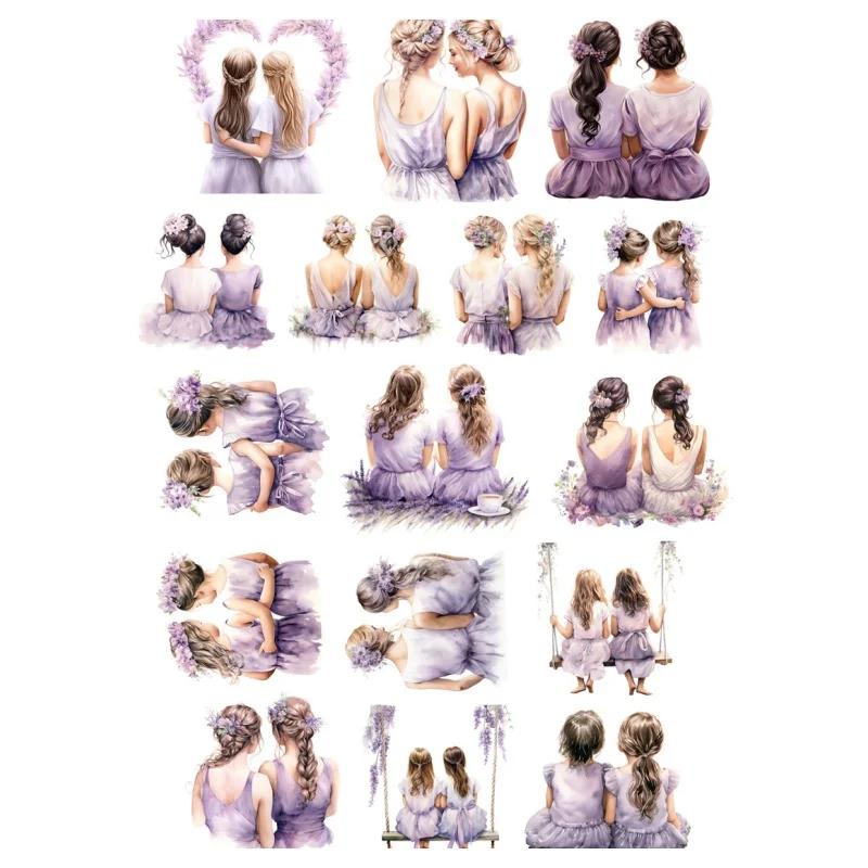 Desenhos animados adesivos para Artesanato e Scrapbooking, Aquarela, Roxo, Girls' Sisters, Foto de Grupo, Livro, Etiqueta de Estudante - Image 1