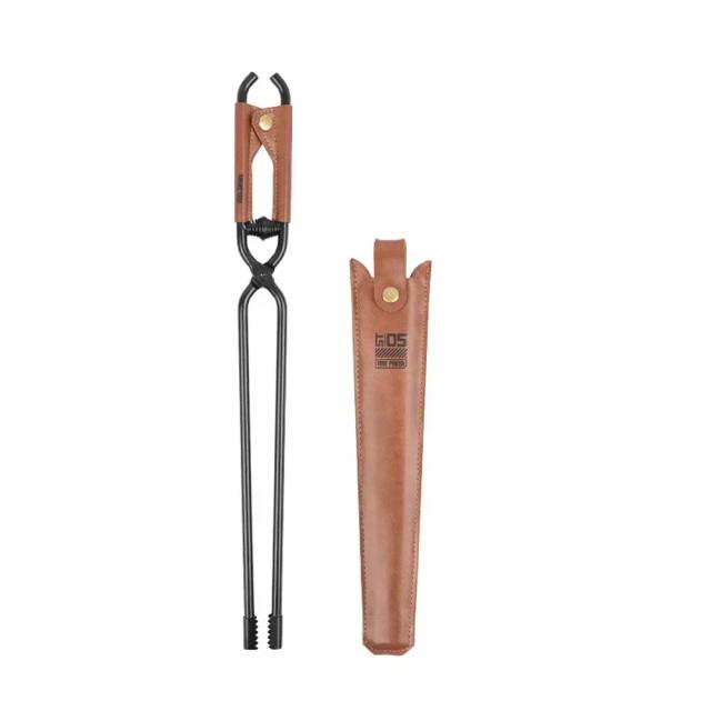 Pinças de Carvão em Aço Carbono com Punho de Couro para Acampamento, Fogueira e Churrasco