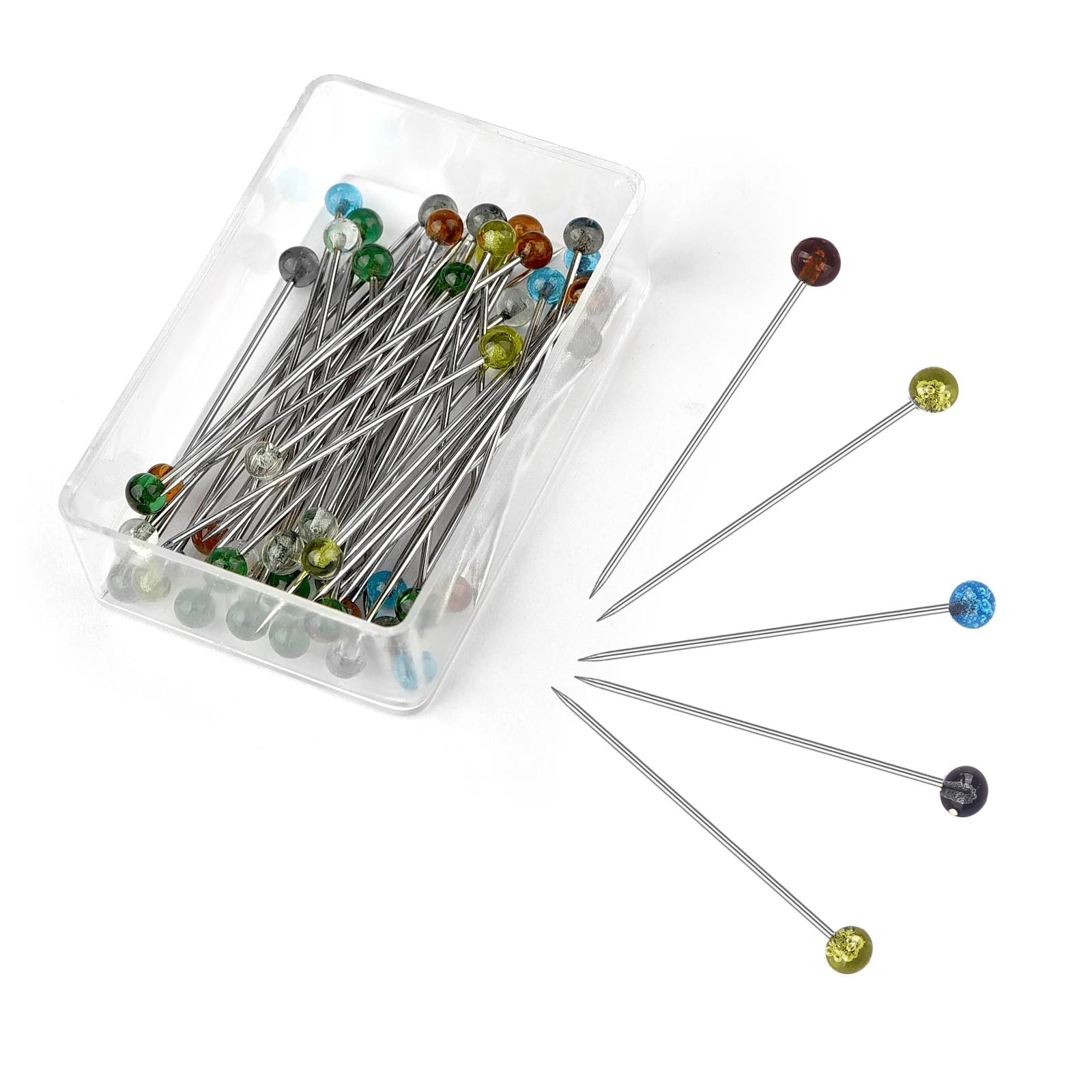50/100 pces moda agulhas de costura colorido vidro/cerâmica cabeça do grânulo pino ponto de tricô agulhas costura fixa diy pino de segurança 32mm - Image 1