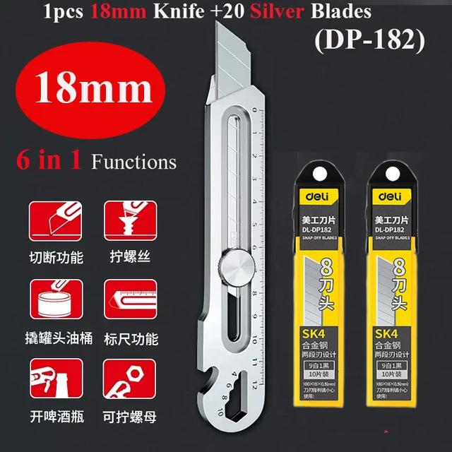Faca Utilitária Multifuncional 6 em 1 em Liga de Alumínio Heavy Duty para Papelaria Premium Preto 25mm 18mm