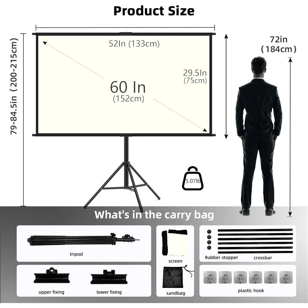 Tela do projetor com suporte, grade branca, anti-leve, tela do ganho 2,0, 100 120 polegadas, tela de projeção 4K HD, Home Theater, ao ar livre - Image 1
