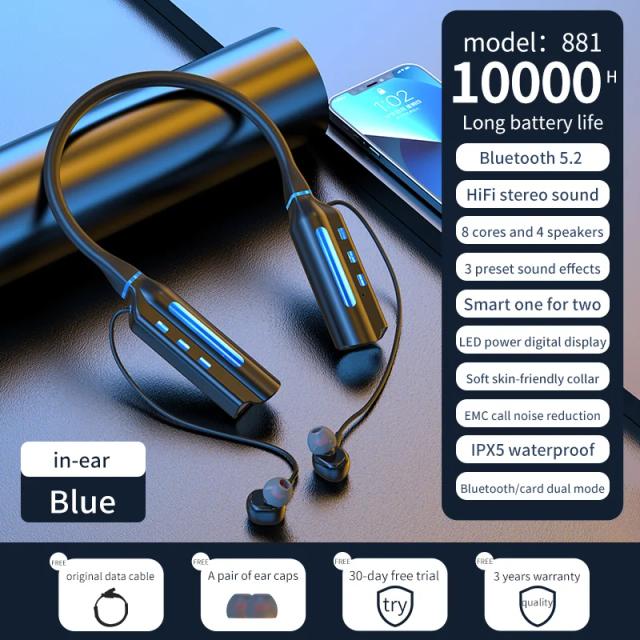 Fones de Ouvido Bluetooth Neckband Magnéticos com 10000mAh e 10000 Horas de Reprodução para Esportes e Corrida com Redução de Ruído