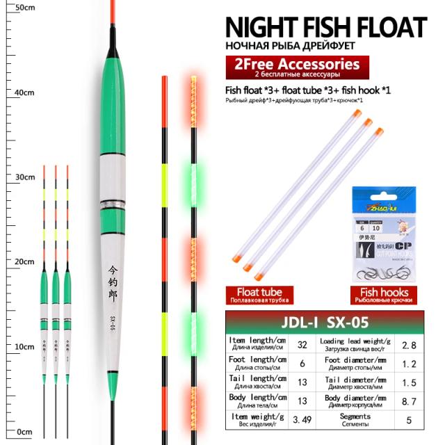 Flutuadores Luminosos com 3 Lâmpadas Noturnas e Acessórios para Pesca em Lago - Saco de Presente, Ganchos e Ferramenta de Rolha Inclusos