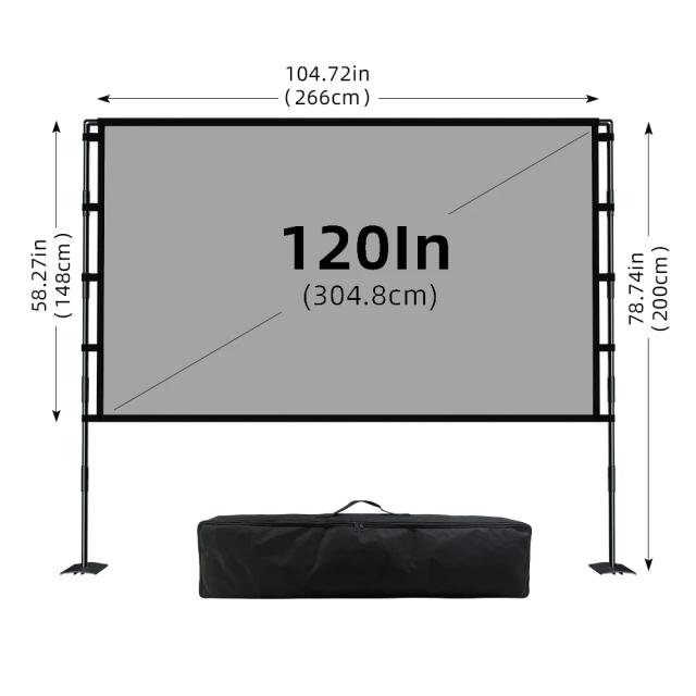 Tela de Projetor Dobrável Anti-Luz com Suporte Duplo e Saco de Transporte Portátil - Tamanhos de 84 a 120 Polegadas, Cinza com Placa de Ferro