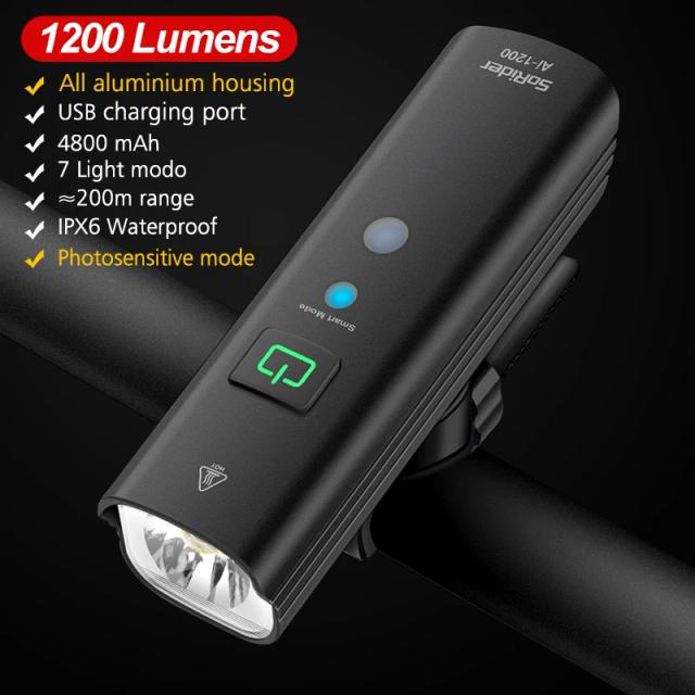 Luz de Bicicleta Recarregável TOPRIDER-USB com LED, Farol Frontal Impermeável e Potência de 1200LM, Bateria de 4800mAh