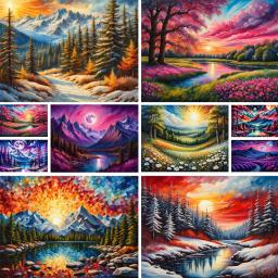 Paisagem pintura a óleo artesanato kit para adultos, belas pinturas da natureza por números, decoração do quarto, presente da mãe, quente, por atacado, 2024 - Image 1