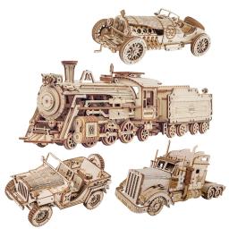 Modelo de trem 3d quebra-cabeça de madeira brinquedo montagem locomotiva modelo kits de construção para crianças presente aniversário brinquedos de construção de madeira - Image 1