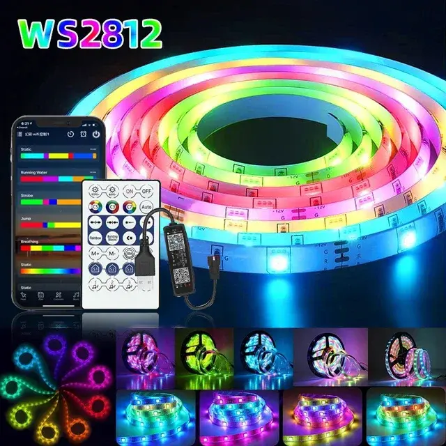 Fitas LED RGB Flexíveis com Controle Remoto e Sincronização de Música para Decoração de Quarto e Festa