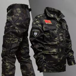 Conjuntos de caça resistentes ao desgaste dos homens camo primavera outono multi-bolso ternos de treinamento masculino treinamento ao ar livre conjunto de carga de pesca - Image 1