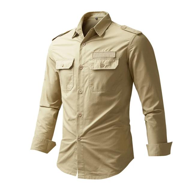 Camisa Masculina Casual de Manga Comprida Militar com Bolsos para Atividades ao Ar Livre e Caminhadas