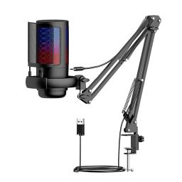 Microfone Condensador USB para Gravação em Estúdio Microfone com Metal Boom Stand RGB, Esport, Jogos, Call, Desktop, 1PC - Image 1