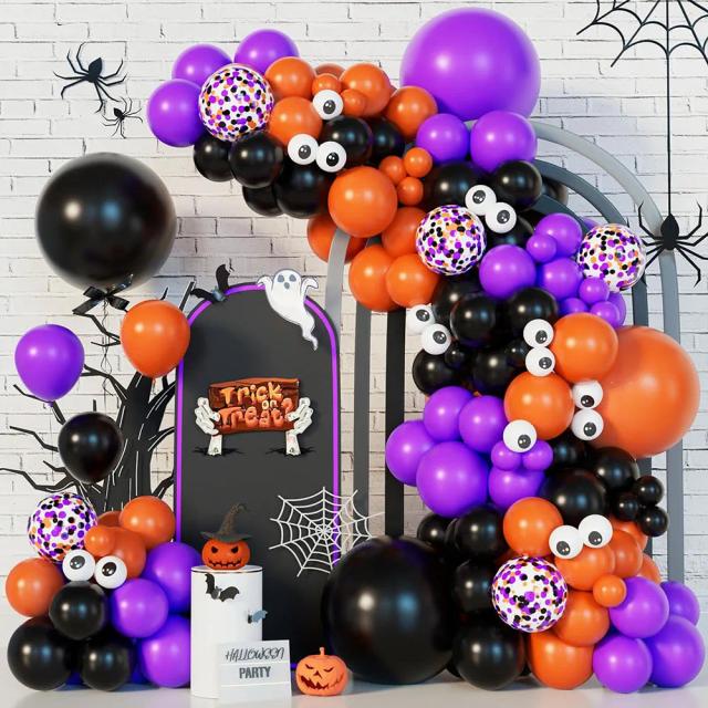 Kit Colorido de Decoração para Halloween com Arcos, Balões e Confete - Ideal para Festas em Preto, Laranja e Roxo, 140 Peças