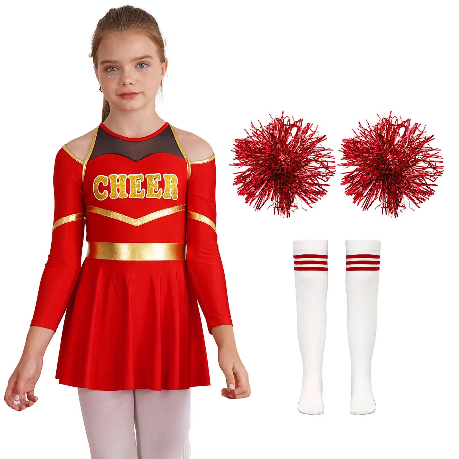 Uniforme de torcida para crianças, manga comprida, tops com saia, meias pompons, festa de carnaval de Halloween, líder - Image 1