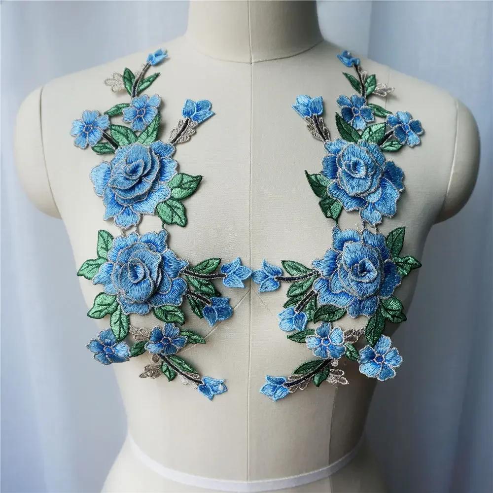 Bordado vestido laço tecido colar costurar patches, 3d flores, vermelho, rosa, azul, roxo, decoração do casamento, DIY, 2pcs - Image 1
