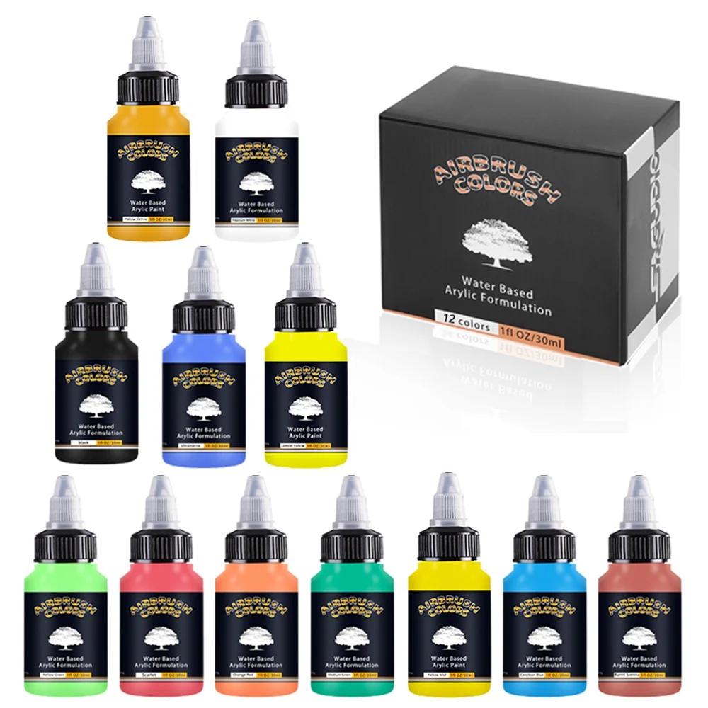 Conjunto de tinta acrílica à base de água, impermeável, pronto para aerógrafo para modelos sapatos, madeira, tecido, couro, garrafas de 30ml, 12 cores - Image 1