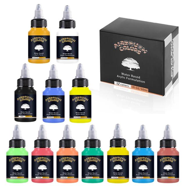 Tintas Acrílicas à Base de Água para Aerógrafo - Impermeáveis em 12 Cores para Modelos, Sapatos, Madeira, Tecido e Couro, 30ml
