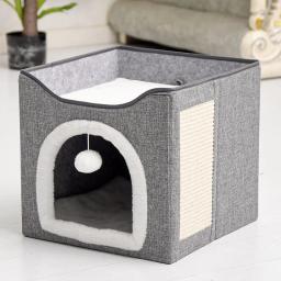 Ninho de cama para gatos, casa dobrável para caverna de gatinho, camada dupla, casinha quente de inverno com almofada para arranhões - Image 2