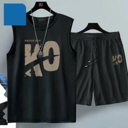 Fato de basquete Harajuku respirável masculino, camiseta e shorts de manga curta, roupa esportiva de duas peças, roupa de verão, moda casual, 2024 - Image 1