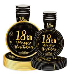 Conjuntos de Talheres Descartáveis para Decoração de Festa, Prato de Papel e Guardanapo e Copo, Preto e Dourado, Feliz Aniversário de 18 Anos, 8 Convidados, 18 Anos - Image 2
