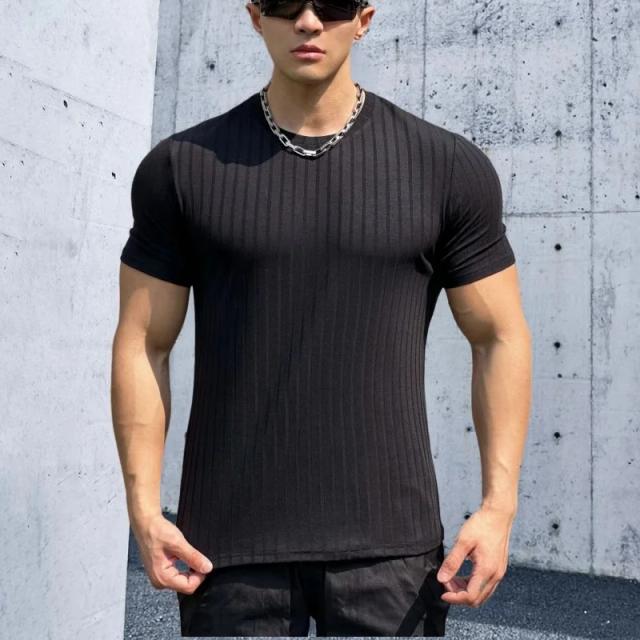 Camiseta Masculina de Fitness Elástica com Gola Redonda e Listras para Corrida - Manga Curta e Solta Ideal para o Verão