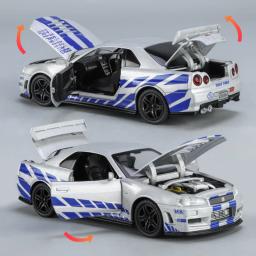 Carro de brinquedo Nissan GTR34 Skyline GTR para crianças, Diecast Racing, modelo em miniatura, som e luz, coleção Pull Back, presente para menino, 1:32 - Image 4