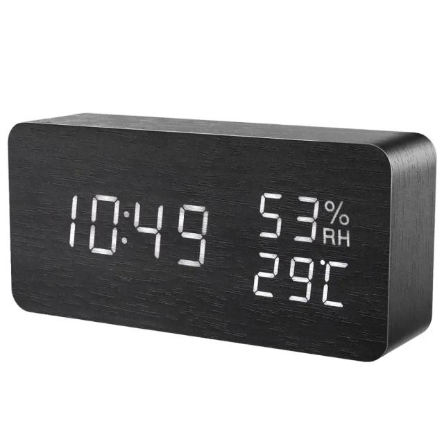 Relógio de Mesa Digital LED Madeira Controle Voz 6x6cm