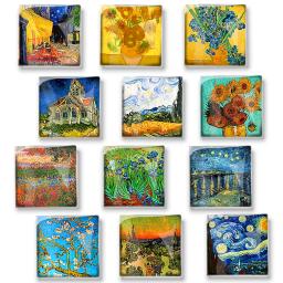 Van gogh pintura a óleo geladeira ímãs adesivos de vidro quadrado girassol estrelado noite arte geladeira ímã lembrança decoração da sua casa - Image 2