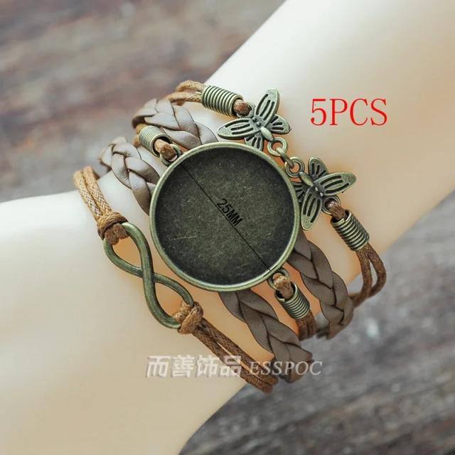 Pulseira de Couro Multi-Camada: Conjunto DIY com 5 Peças e Cabochão de Vidro Redondo de 25mm para Braceletes Personalizados