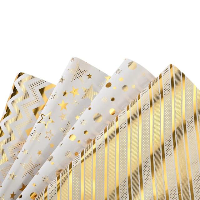 Rolo de Papel de Embrulho com Estrelas Douradas e Pontos de Onda para Artesanato e Presentes em Casamentos, Aniversários e Feriados - Pacote com 4 Peças