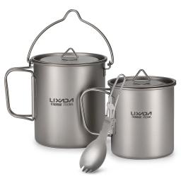 Conjuntos de utensílios de mesa de titânio pote de acampamento copo de água com tampa dobrável spork caneca ao ar livre para acampamento ao ar livre caminhadas mochila - Image 2