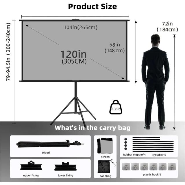 Tela de Projetor VEIDADZ com Suporte, Cinza Anti-Luz e Ângulo de Visão de 160° - Tamanhos de 60" a 120" para Uso Interno e Externo