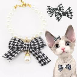 Colar de pérolas para gatos e cachorrinhos, faixa ajustável estilo houndstooth, acessórios para cães, coleira, presentes de Natal - Image 1