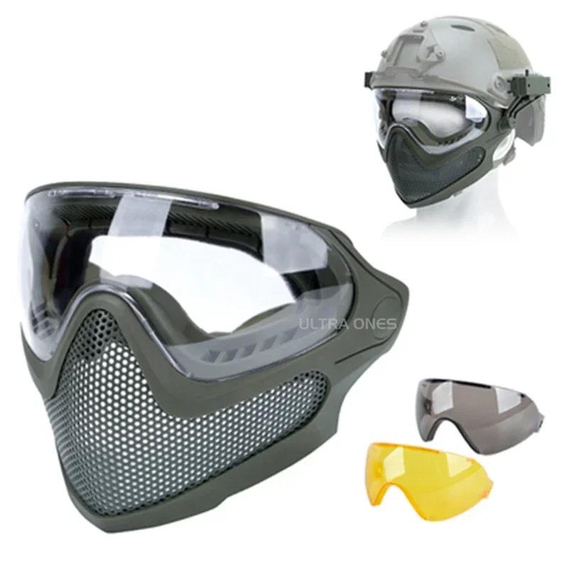 3 lentes máscara de tiro respirável tático paintball máscara facial completa wargame combate airsoft cs malha aço proteção máscara facial - Image 1