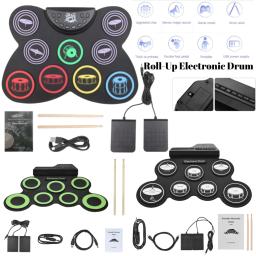 Kit de Bateria Eletrônica com Baquetas e Pedal Sustain, Rolo de Mão, Bateria de Música Dobrável, Prática Portátil, USB, Kit 7-Pad - Image 1